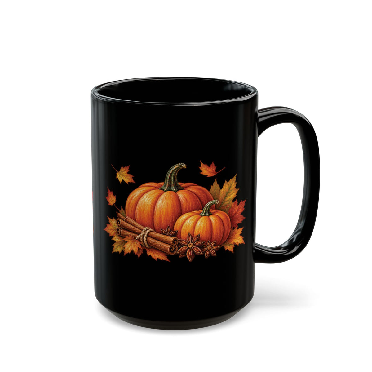 Pumpkin Spice design with pumpkins and cinnamon on a black mug, view 2