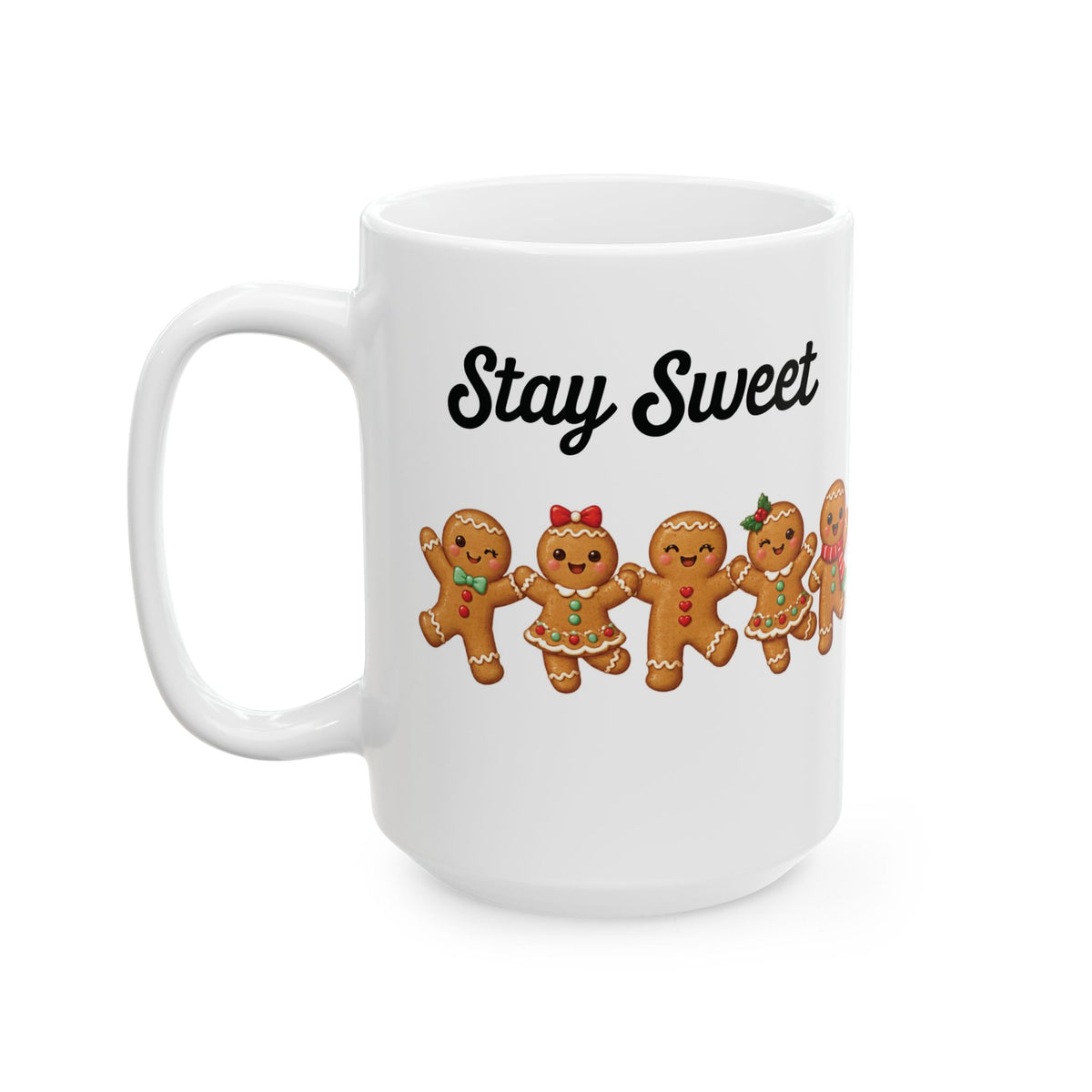 Stay Sweet gingerbread design on a white ceramic mug, view 2