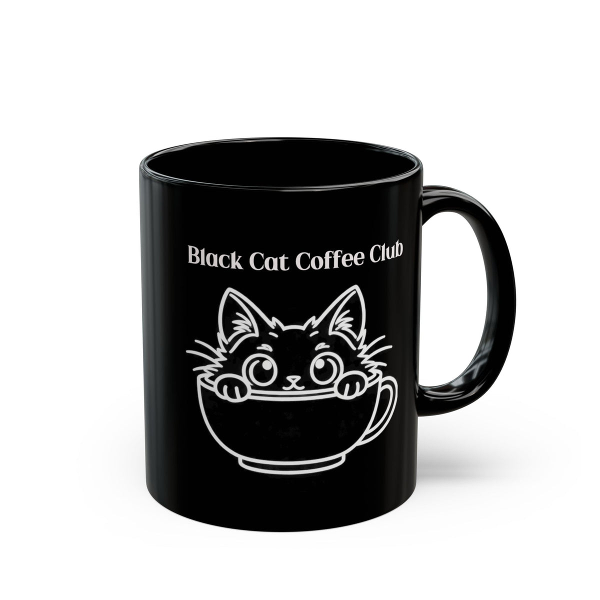 Black Cat Coffee Club design on a black mug, view 1