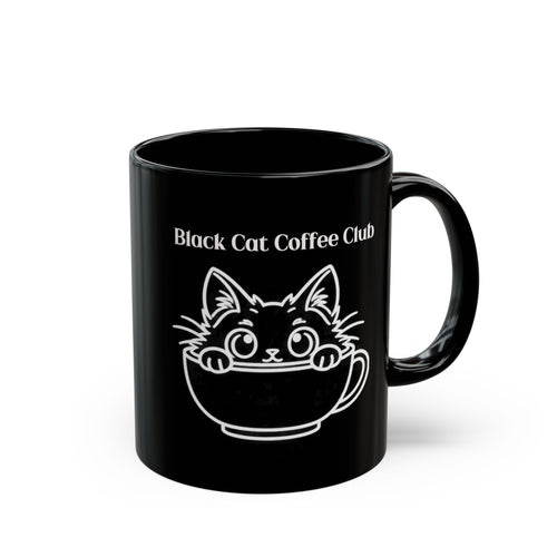 Black Cat Coffee Club design on a black mug, view 1