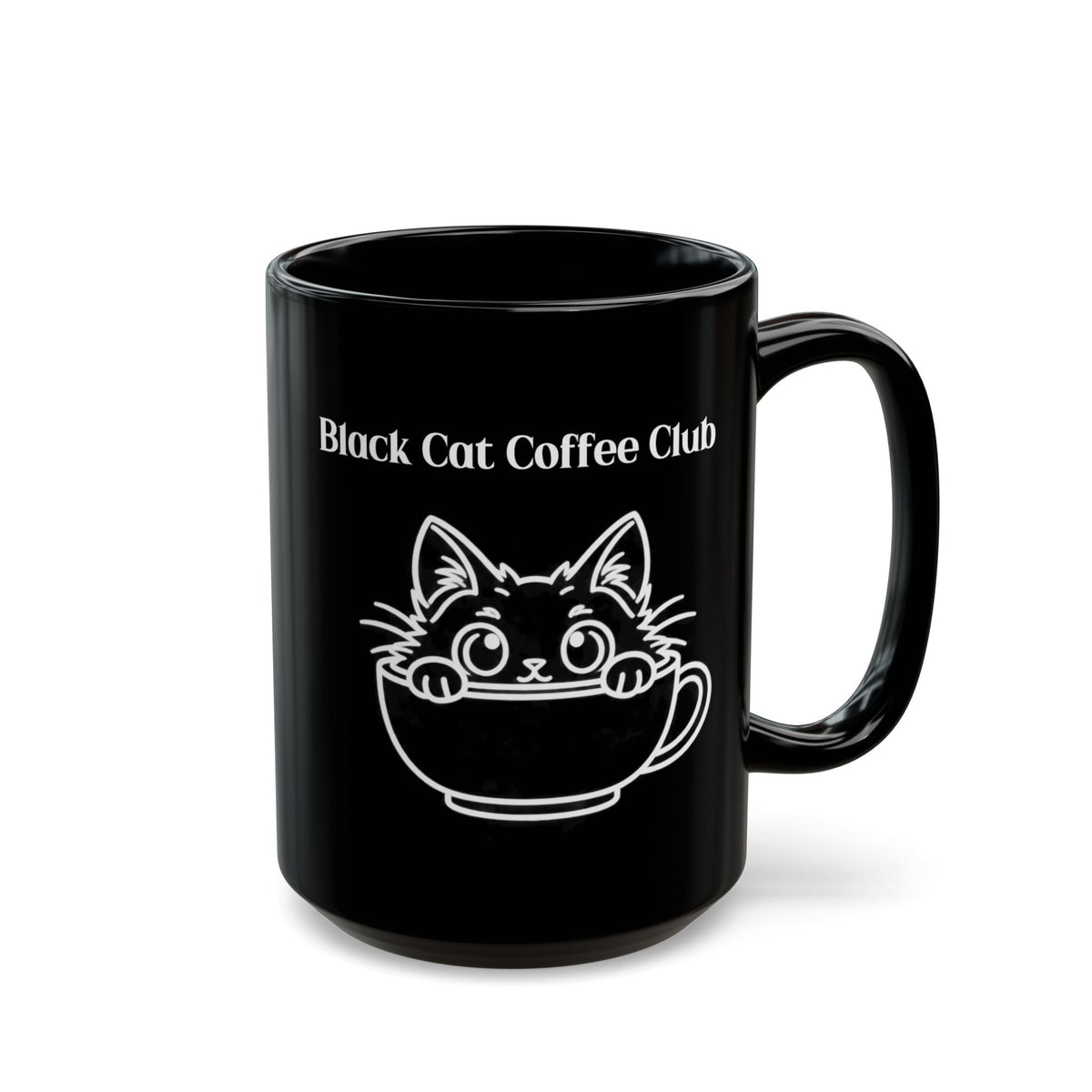 Black Cat Coffee Club design on a black mug, view 2