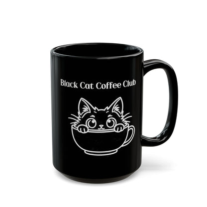 Black Cat Coffee Club design on a black mug, view 2