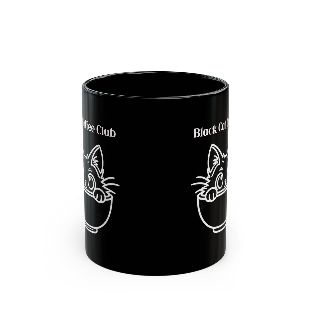 Black Cat Coffee Club design on a black mug, view 4