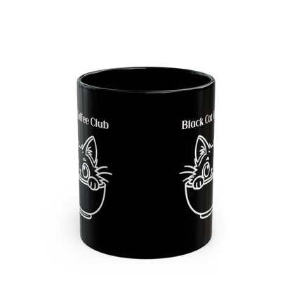 Black Cat Coffee Club design on a black mug, view 4