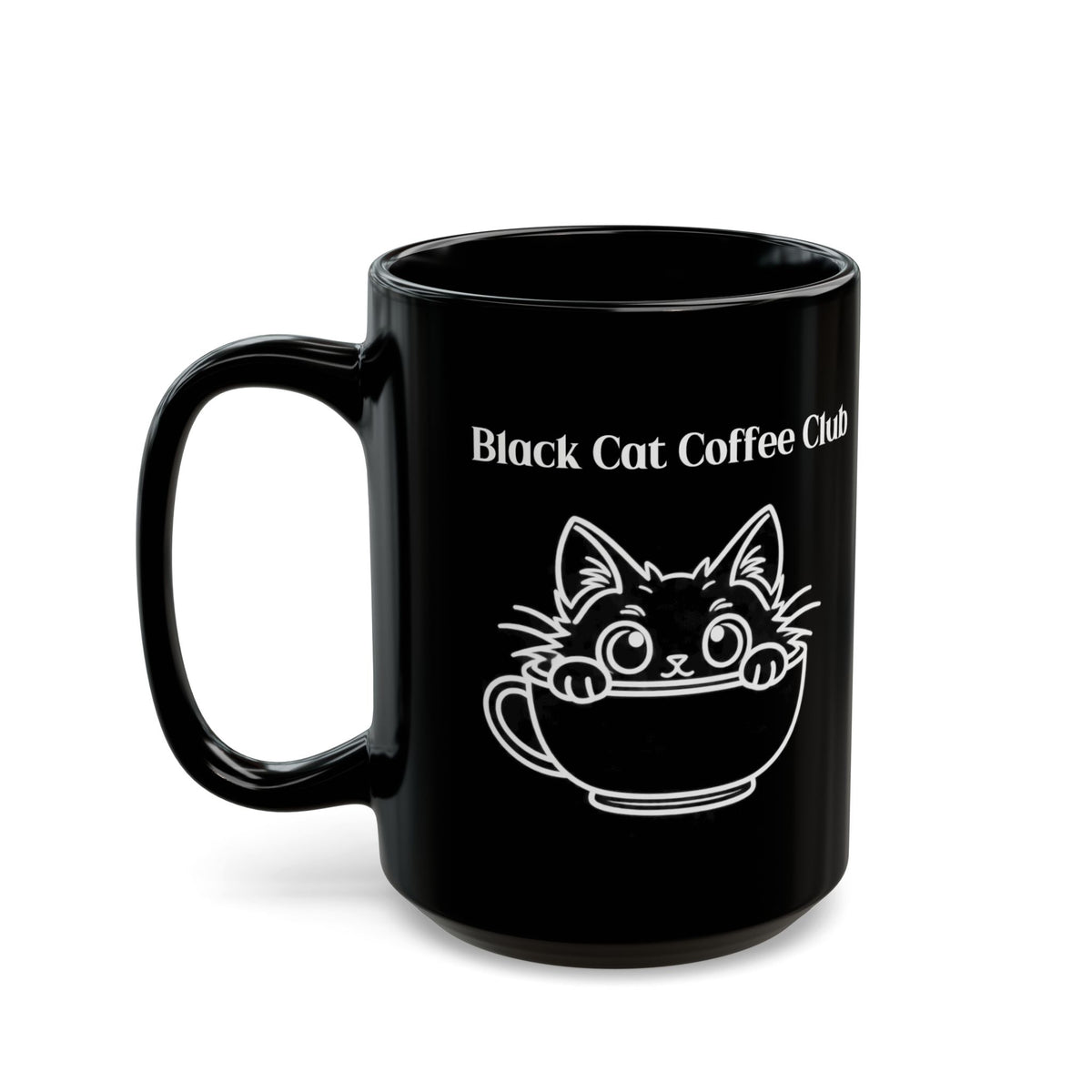 Black Cat Coffee Club design on a black mug, view 6