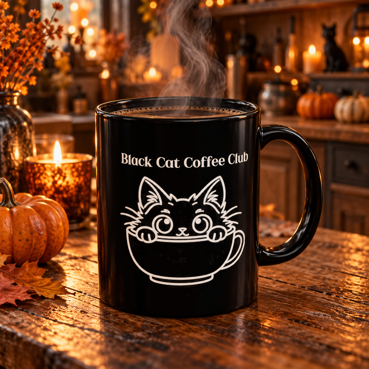 Black Cat Coffee Club design on a black mug, view 7