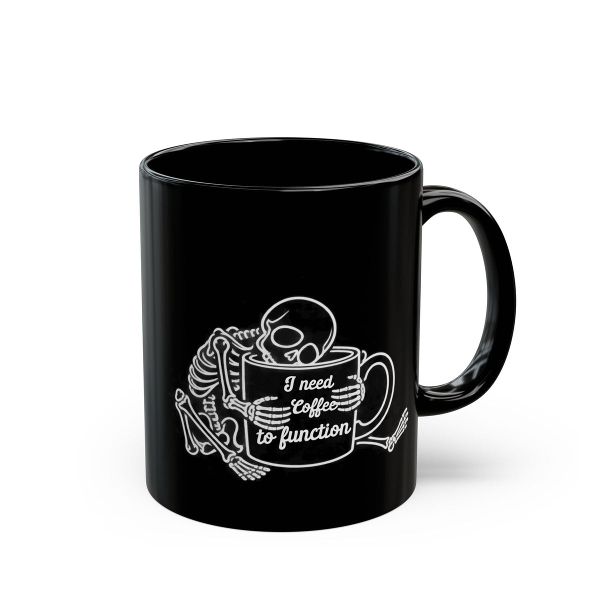 Coffee Skeleton design on a black mug, view 1
