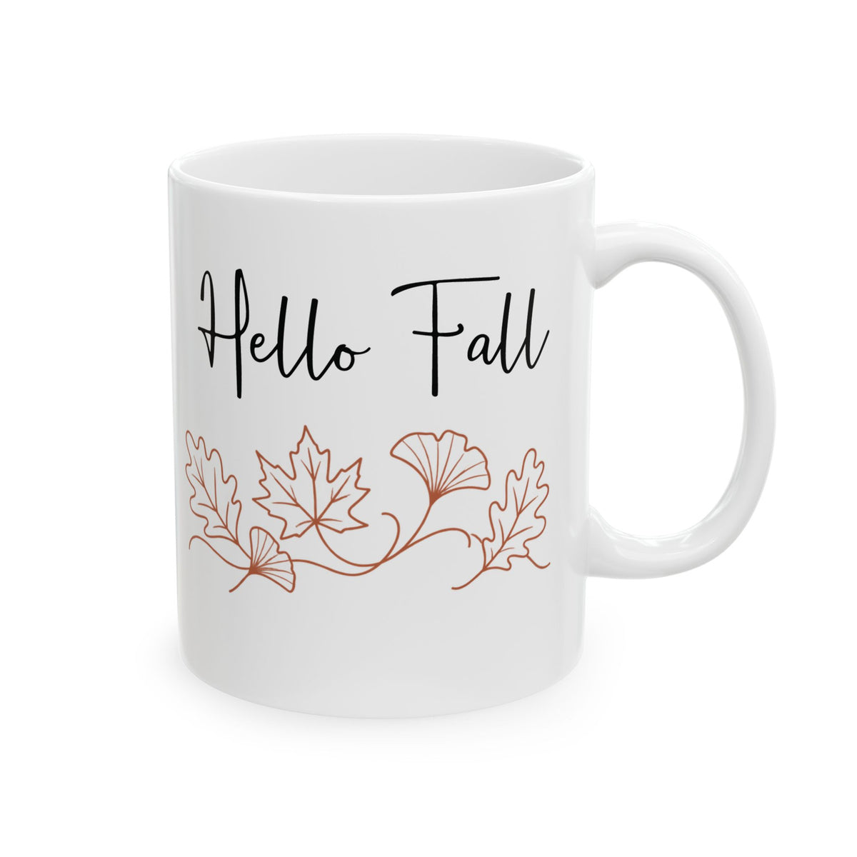 Hello Fall design with autumn leaves on a white ceramic mug, view 1