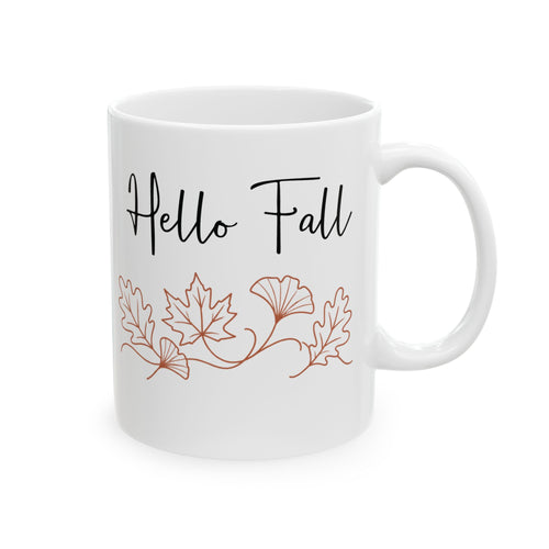 Hello Fall design with autumn leaves on a white ceramic mug, view 1