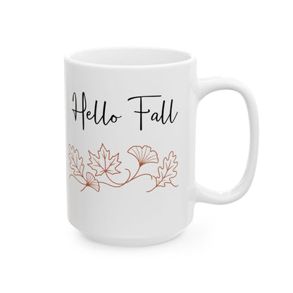 Hello Fall design with autumn leaves on a white ceramic mug, view 2