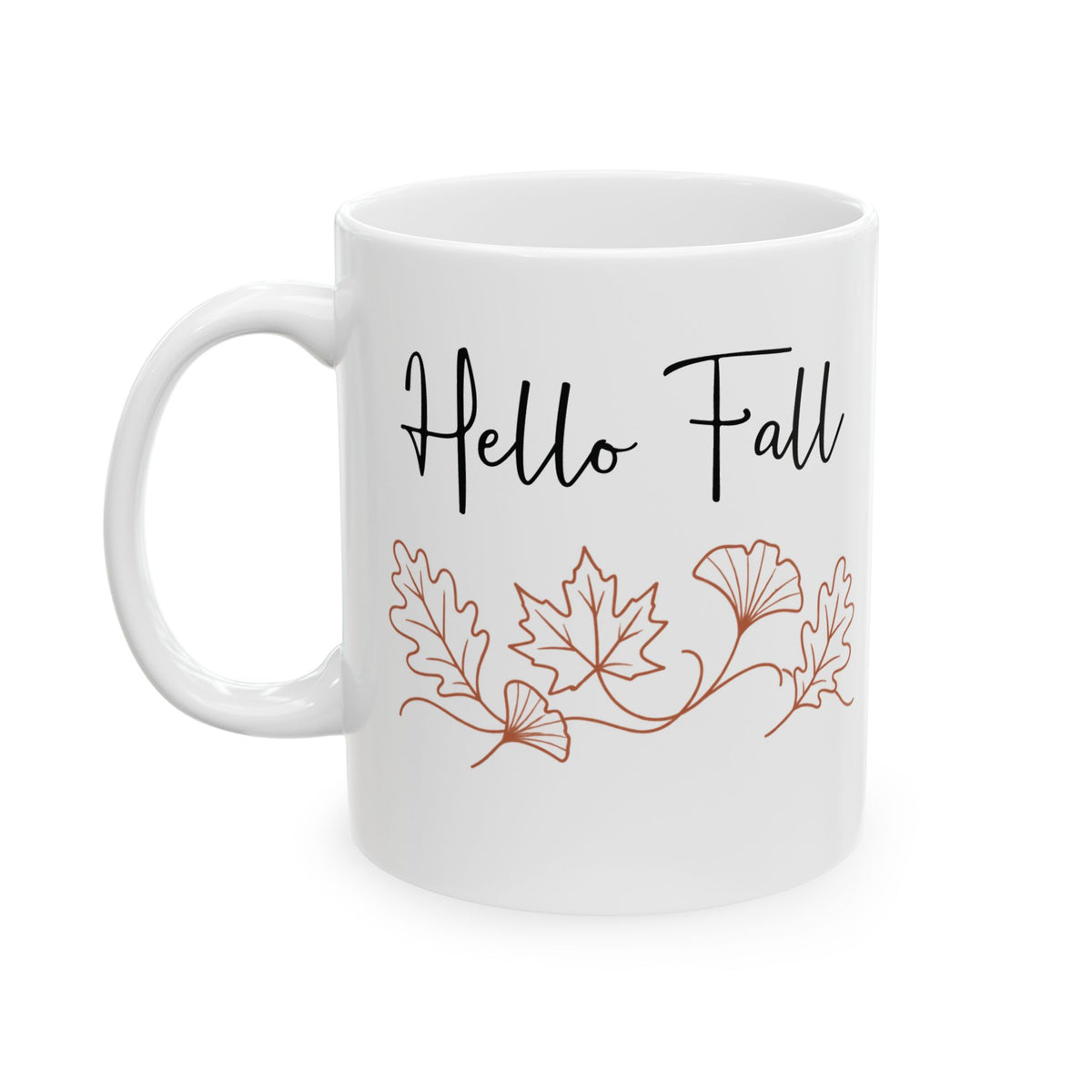 Hello Fall design with autumn leaves on a white ceramic mug, view 3