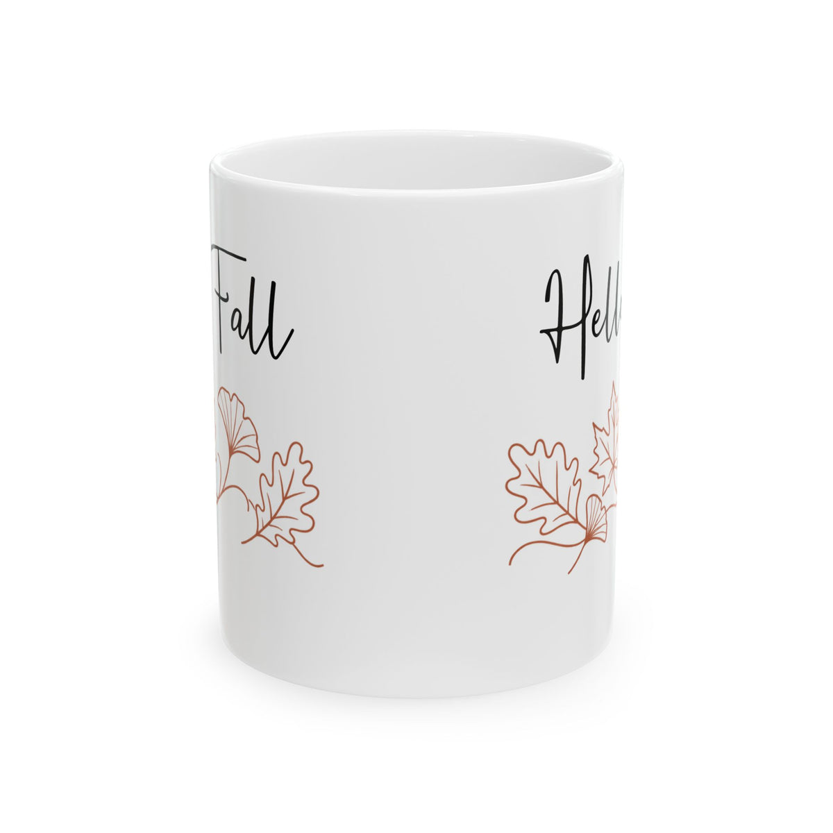 Hello Fall design with autumn leaves on a white ceramic mug, view 4