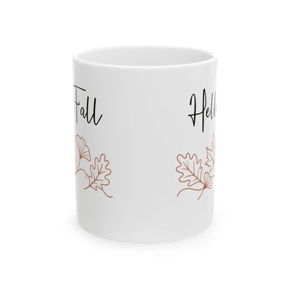 Hello Fall design with autumn leaves on a white ceramic mug, view 4