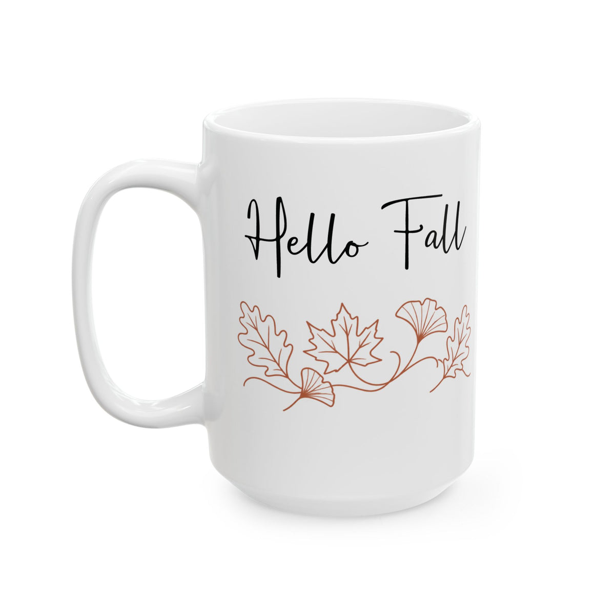 Hello Fall design with autumn leaves on a white ceramic mug, view 6