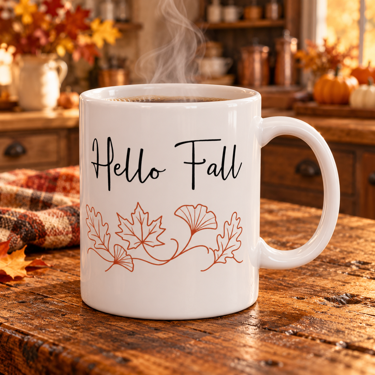 Hello Fall design with autumn leaves on a white ceramic mug, view 7