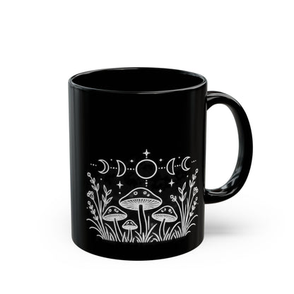 Moon Mushrooms design on a black mug, view 1