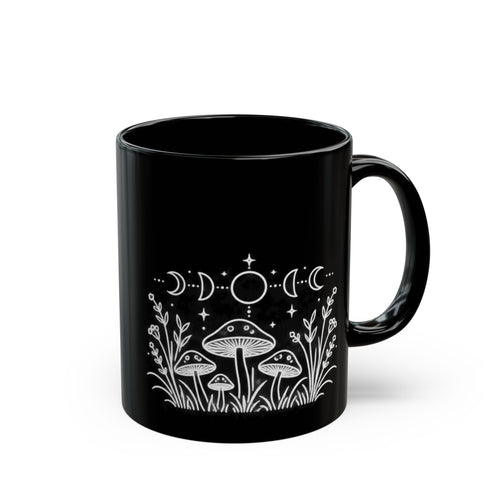 Moon Mushrooms design on a black mug, view 1