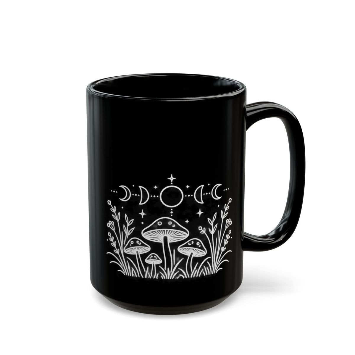 Moon Mushrooms design on a black mug, view 2
