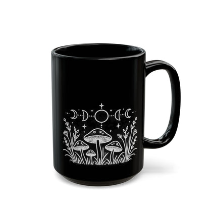 Moon Mushrooms design on a black mug, view 2