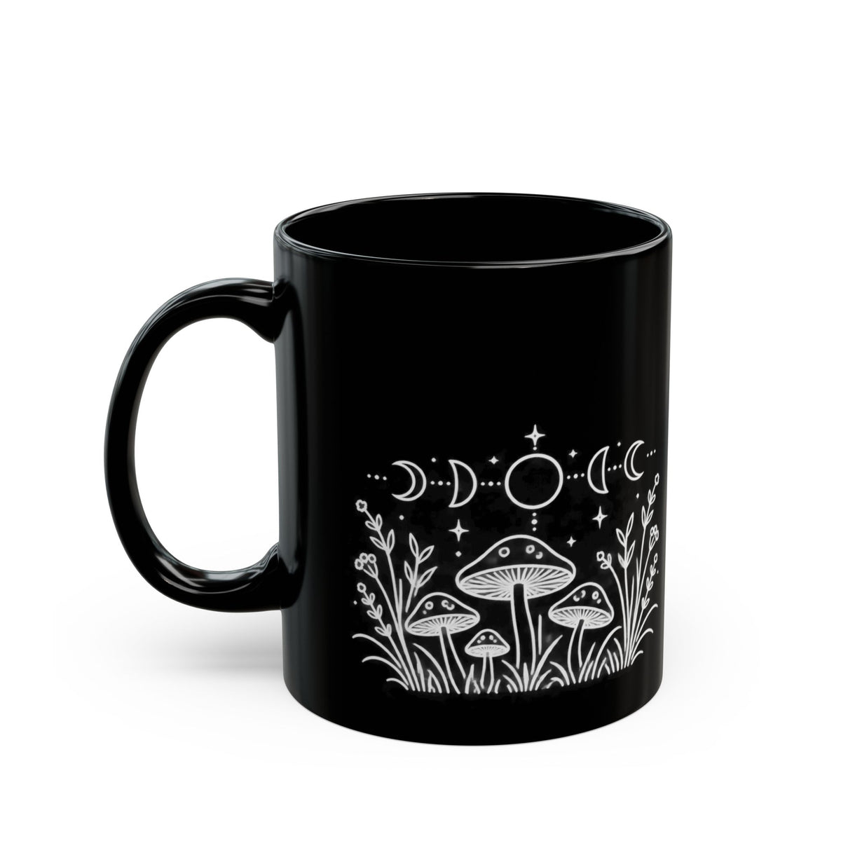 Moon Mushrooms design on a black mug, view 3