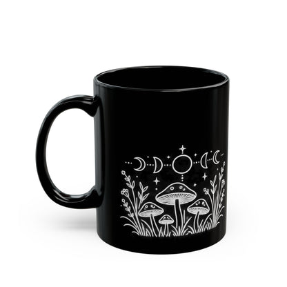 Moon Mushrooms design on a black mug, view 3