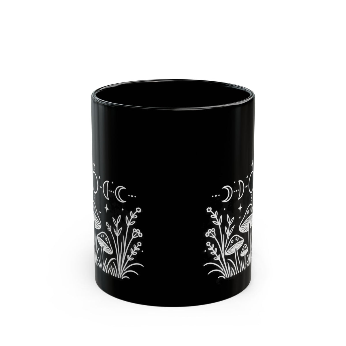 Moon Mushrooms design on a black mug, view 4
