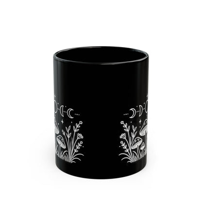 Moon Mushrooms design on a black mug, view 4