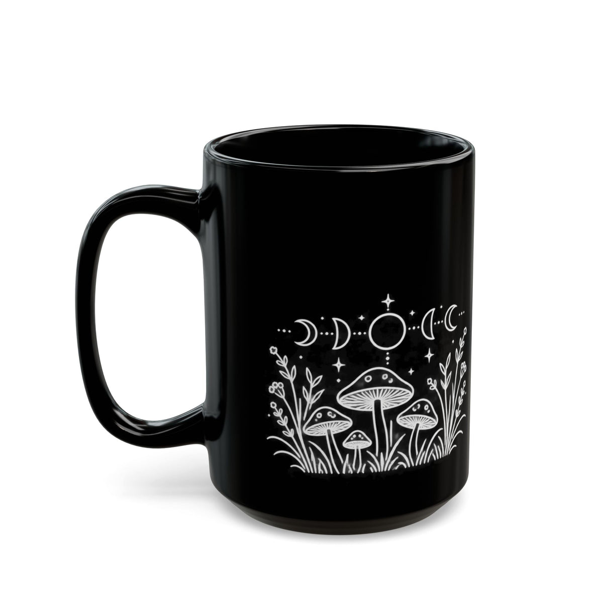 Moon Mushrooms design on a black mug, view 6