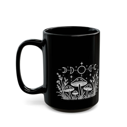 Moon Mushrooms design on a black mug, view 6