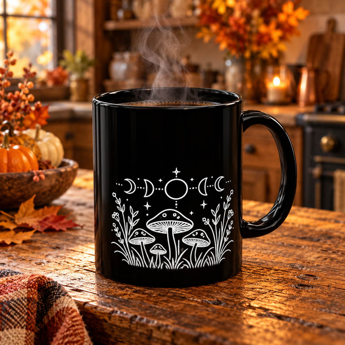Moon Mushrooms design on a black mug, view 7