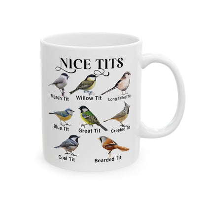 Nice Tits Bird design on a white ceramic mug, view 1