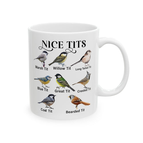 Nice Tits Bird design on a white ceramic mug, view 1