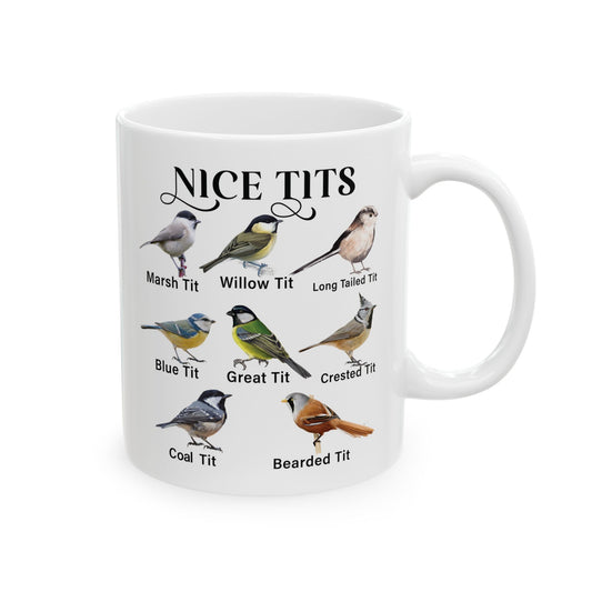 Nice Tits Bird design on a white ceramic mug, view 1