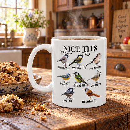 Nice Tits Bird design on a white ceramic mug, view 4