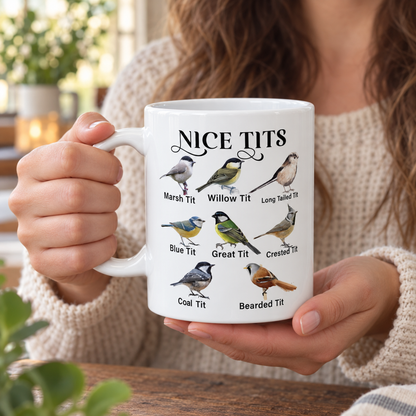 Nice Tits Bird design on a white ceramic mug, view 5