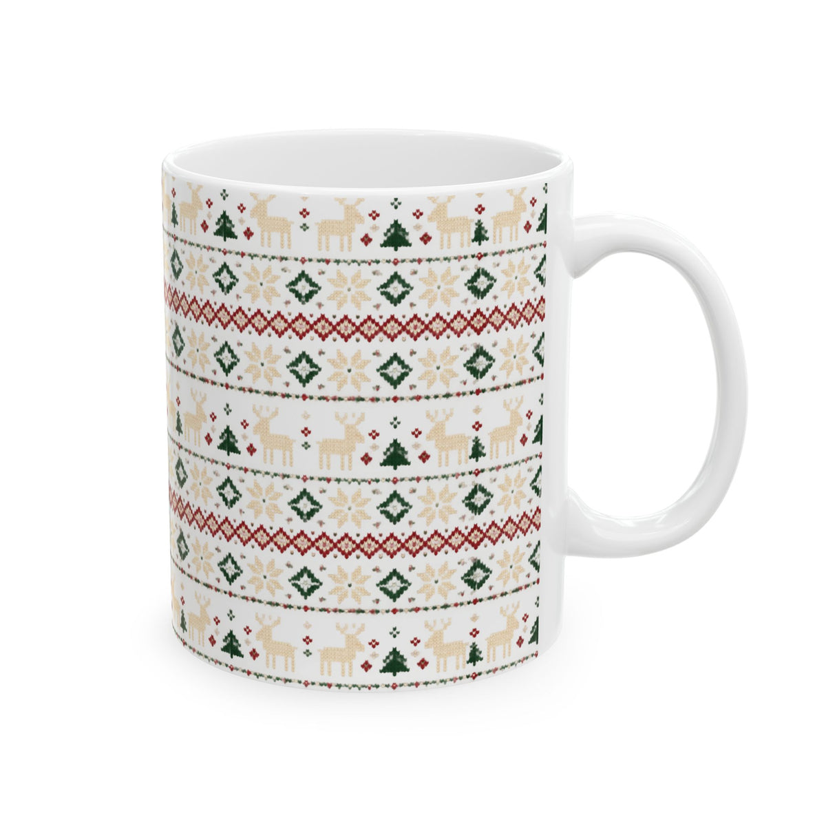 Nordic Knit Fair Isle reindeer pattern on a white ceramic mug, view 1