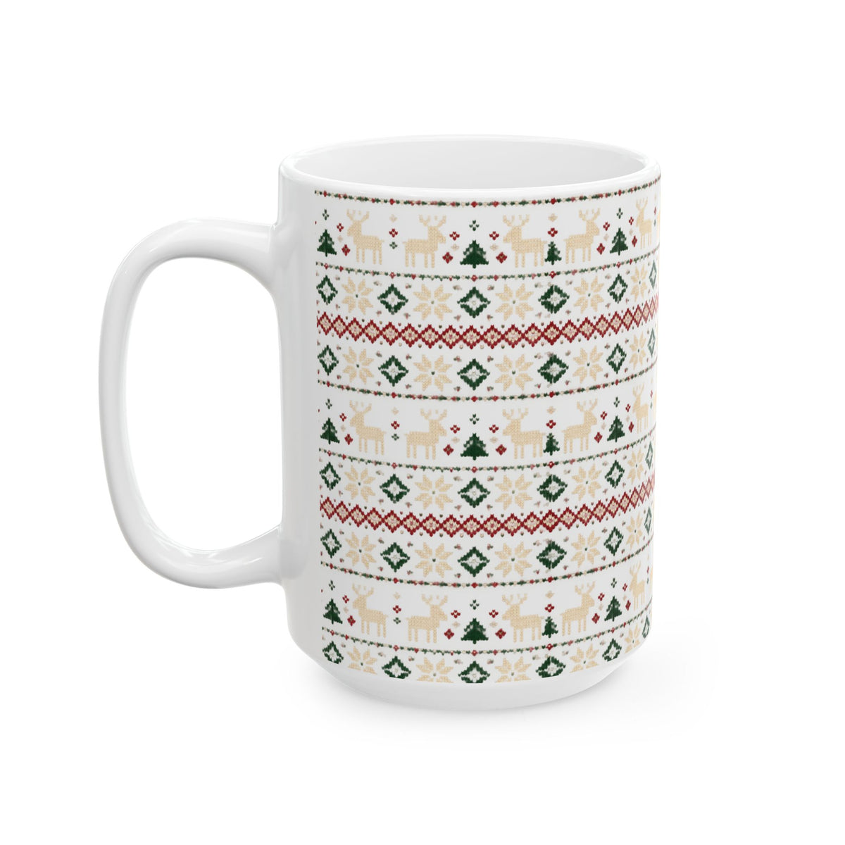 Nordic Knit Fair Isle reindeer pattern on a white ceramic mug, view 2