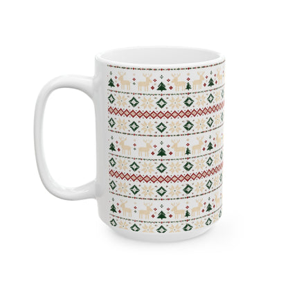 Nordic Knit Fair Isle reindeer pattern on a white ceramic mug, view 2