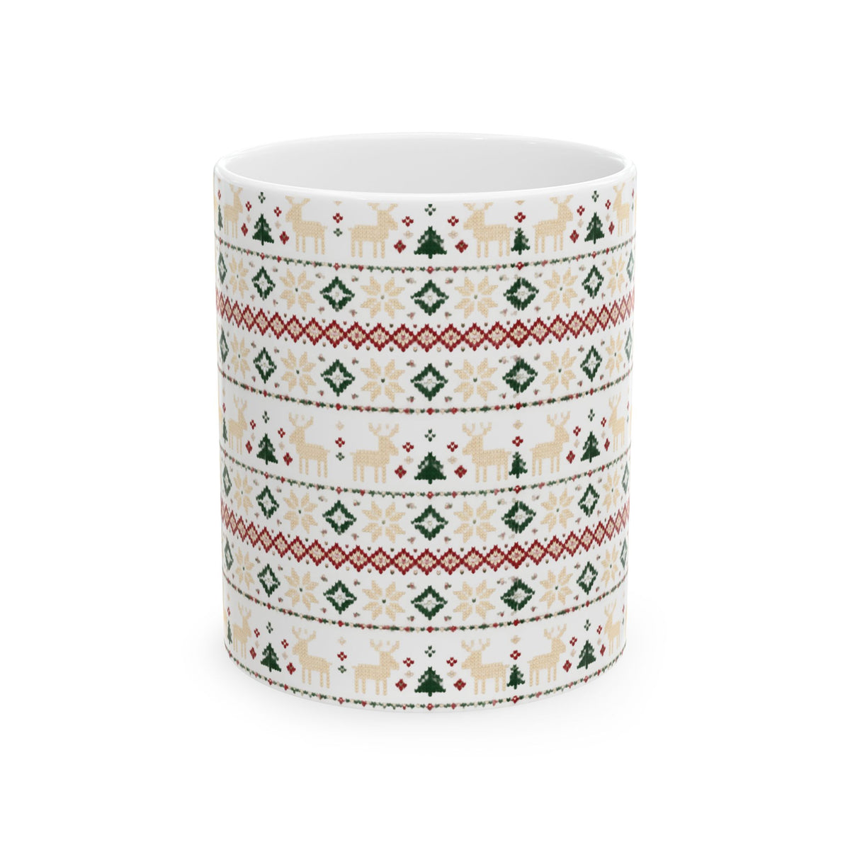 Nordic Knit Fair Isle reindeer pattern on a white ceramic mug, view 3