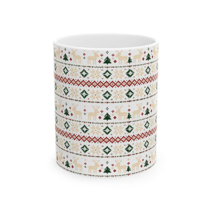 Nordic Knit Fair Isle reindeer pattern on a white ceramic mug, view 3