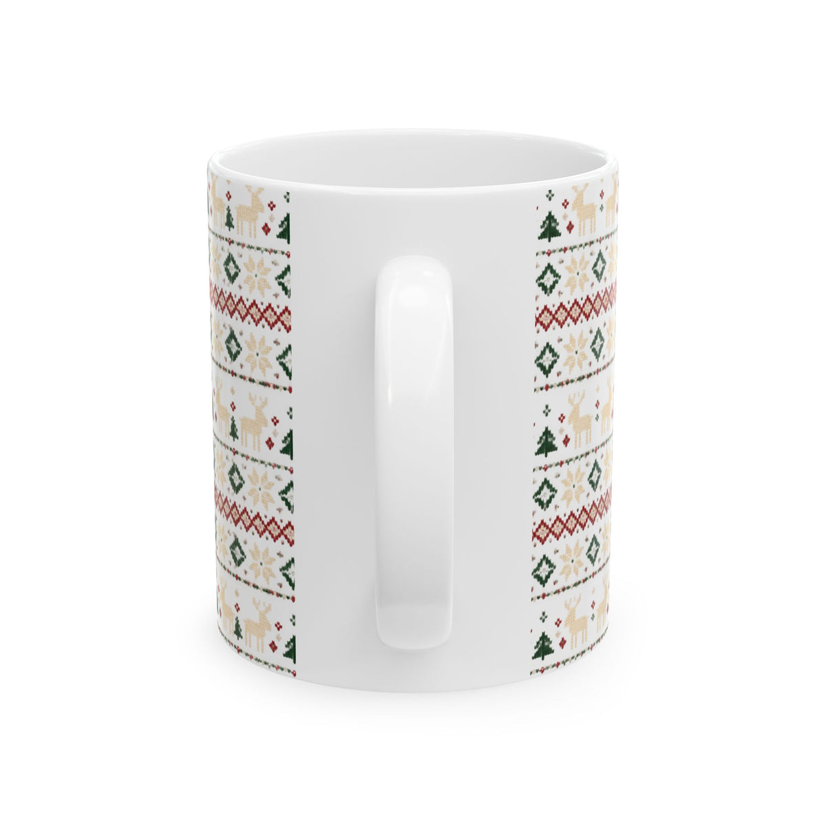 Nordic Knit Fair Isle reindeer pattern on a white ceramic mug, view 4