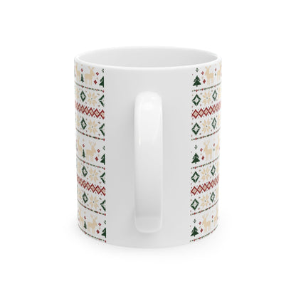 Nordic Knit Fair Isle reindeer pattern on a white ceramic mug, view 4