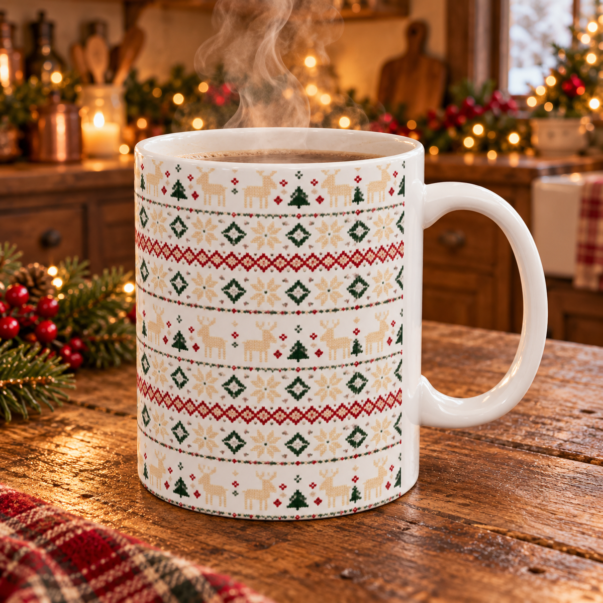 Nordic Knit Fair Isle reindeer pattern on a white ceramic mug, view 7