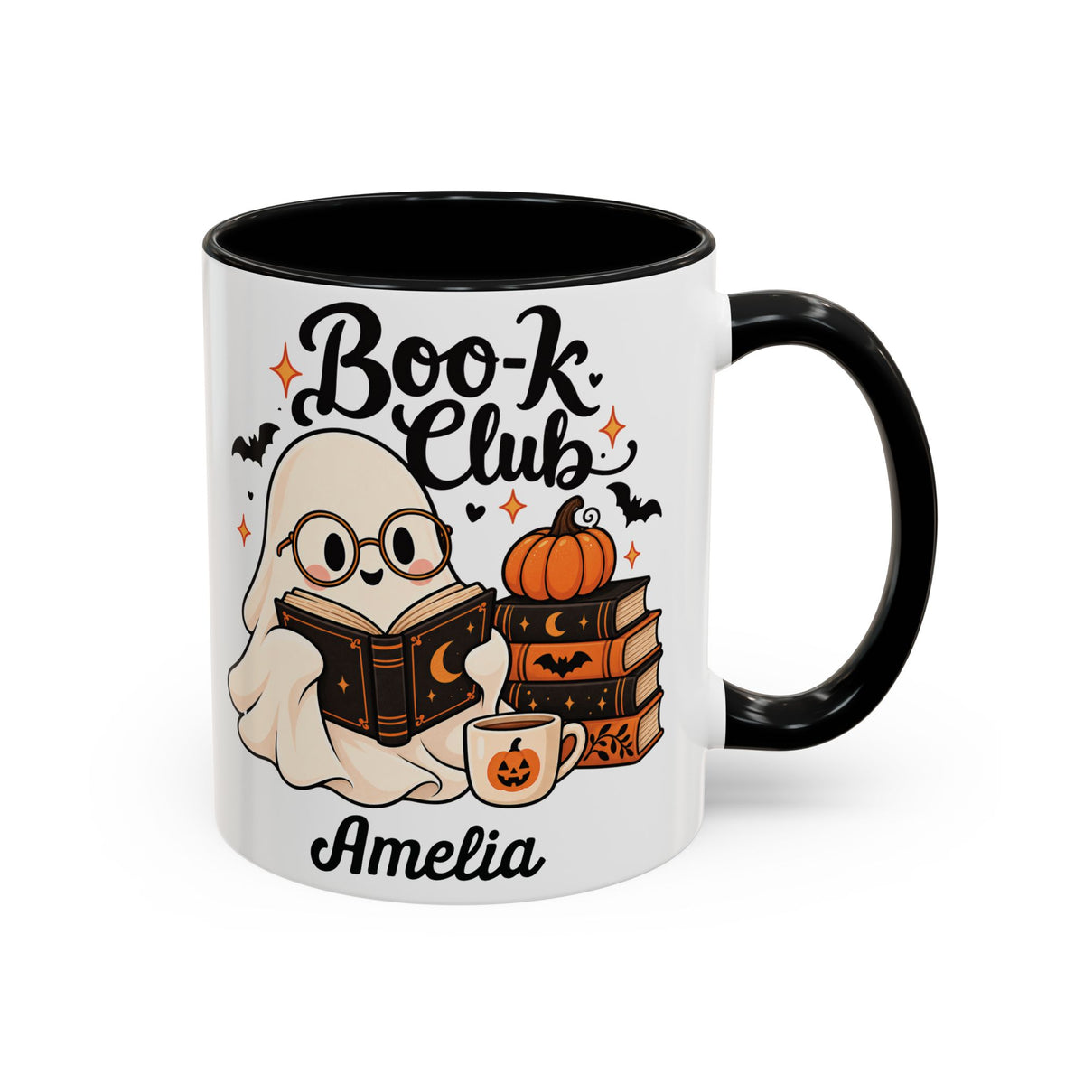 Boo-k Club reading ghost design with a name on an accent mug, view 1