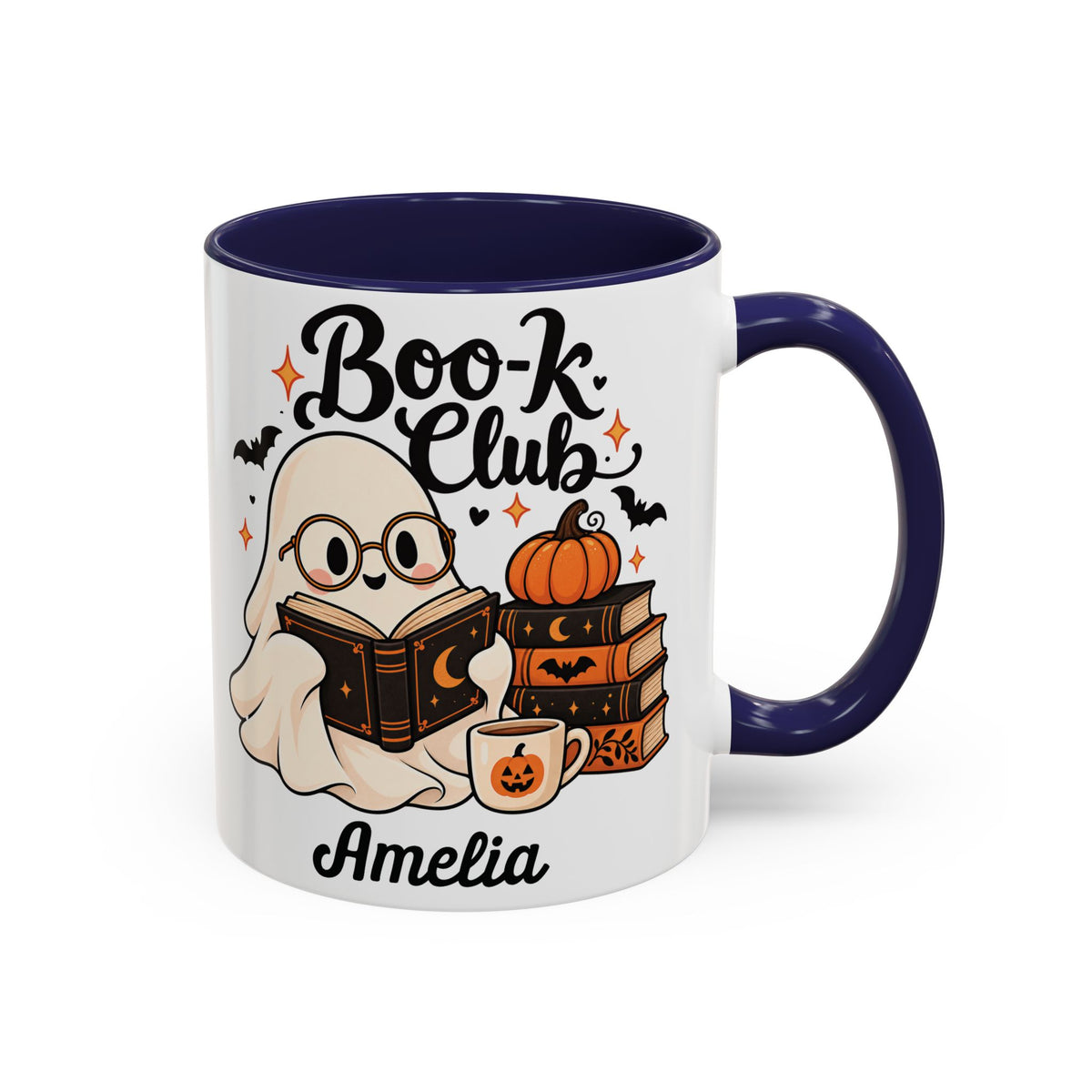 Boo-k Club reading ghost design with a name on an accent mug, view 2