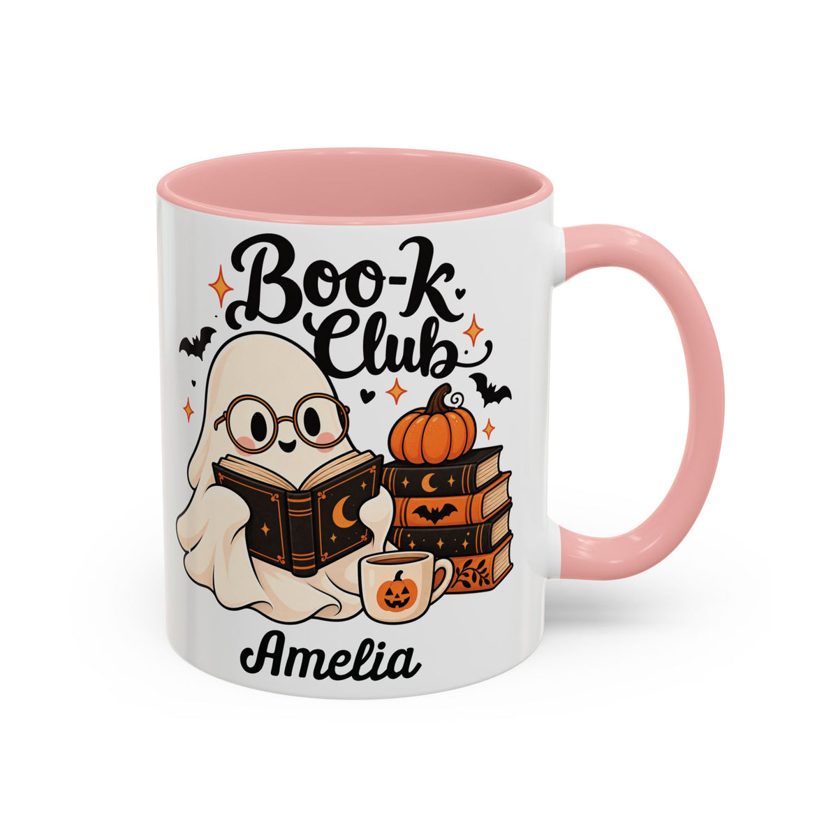 Boo-k Club reading ghost design with a name on an accent mug, view 3