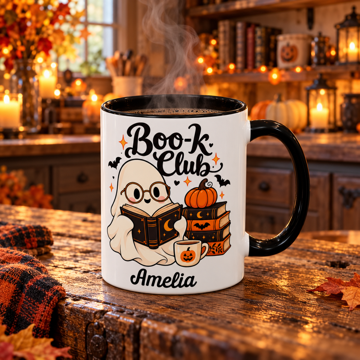 Boo-k Club reading ghost design with a name on an accent mug, view 13