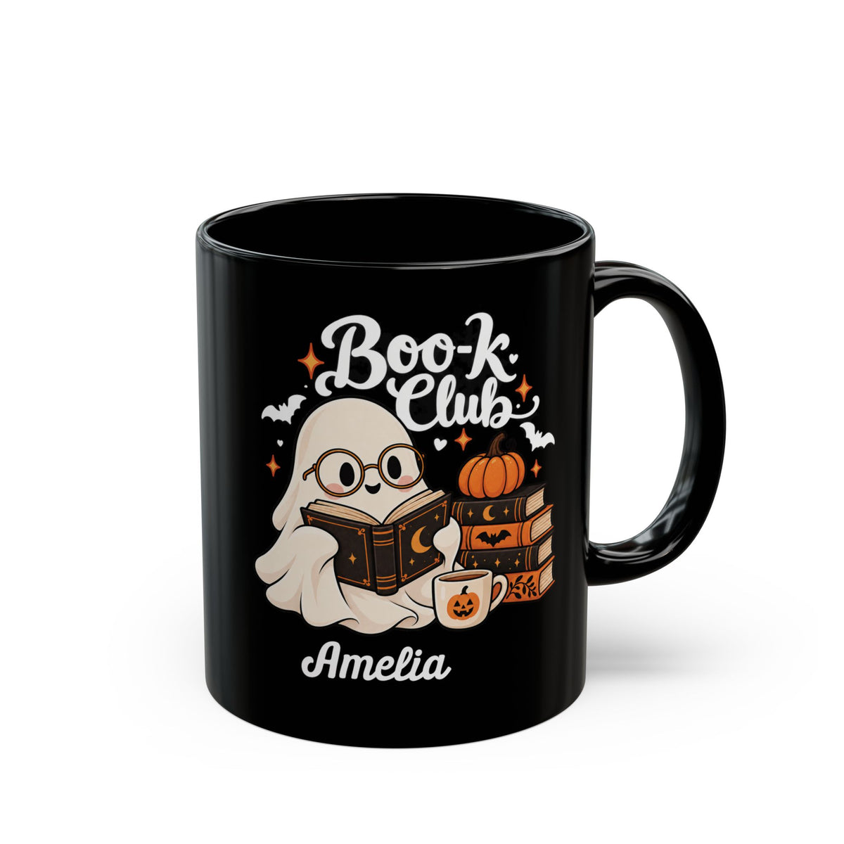 Boo-k Club reading ghost design with a name on a black mug, view 1