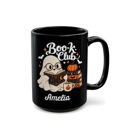 Boo-k Club reading ghost design with a name on a black mug, view 2