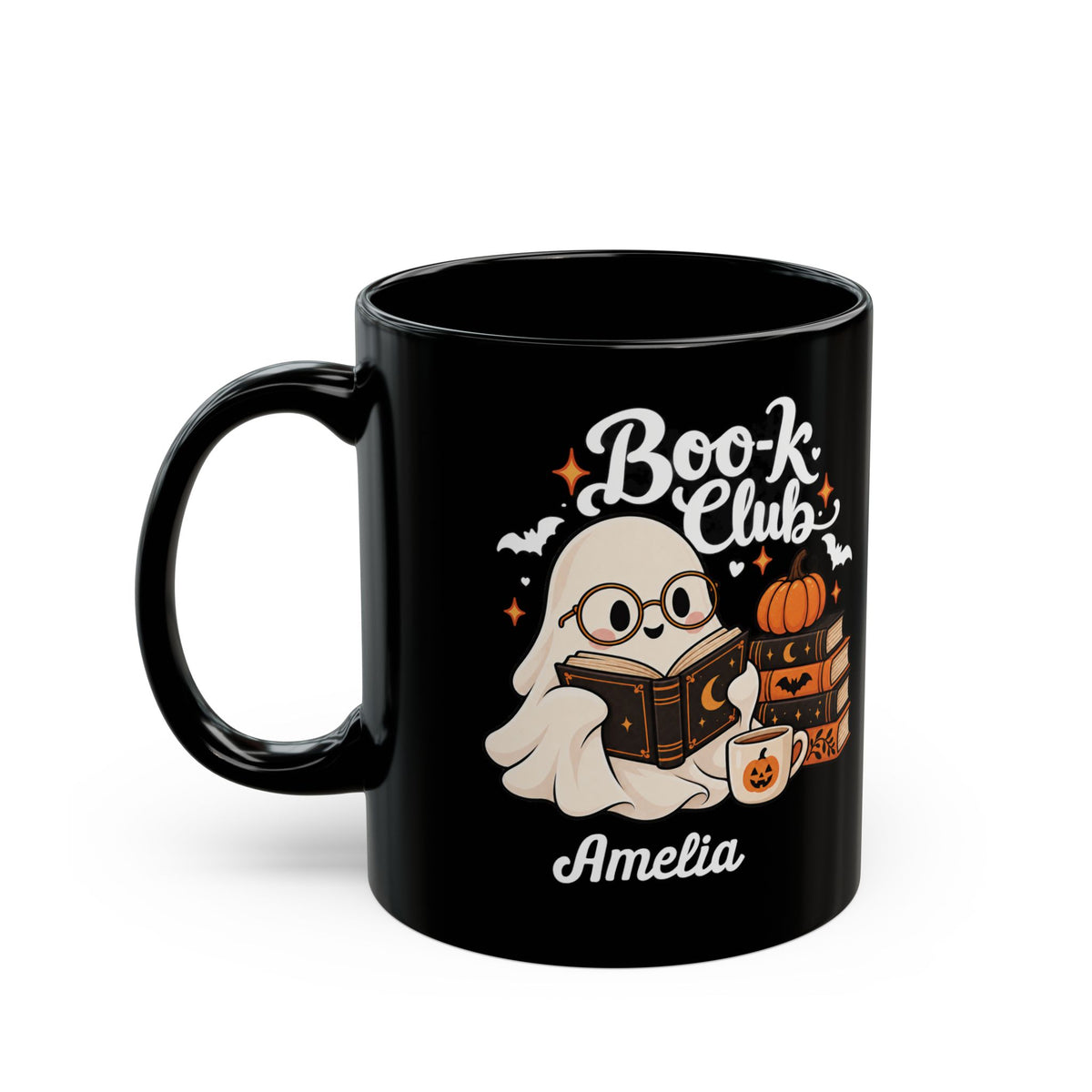 Boo-k Club reading ghost design with a name on a black mug, view 3